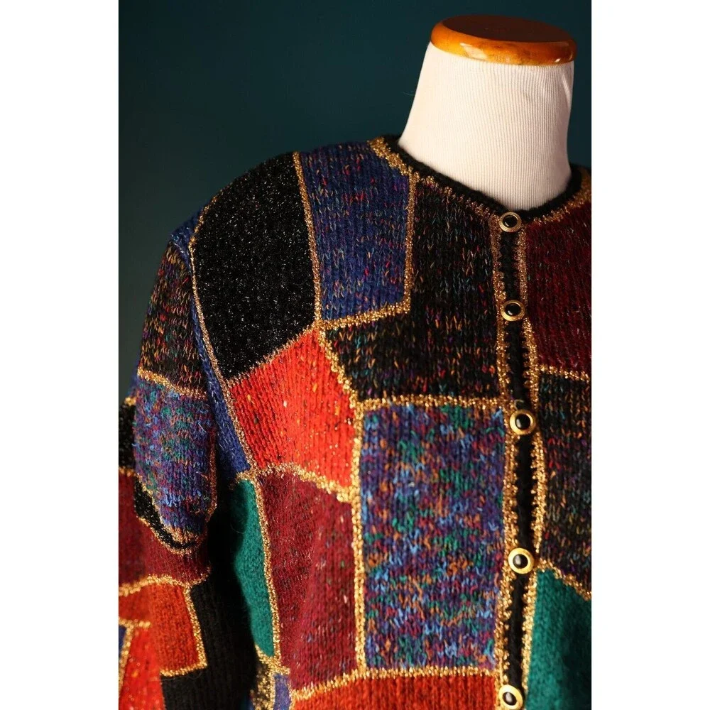 Vintage 80s Deadstock Career Fashion Color Block Mohair Metallic Funky Cardigan